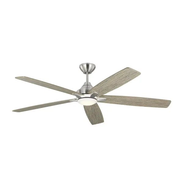 Collection: Lowden Rooms: Bedroom, Family Room, Office Finish: Brushed Steel Glass: Frosted Width: 60.00" Height: 14.90" Weight: 16.80 lb Canopy: D:5 13/16'' H:2.75'' Round Bulbs Included Number of Bulbs: 1 Maximum Wattage: 20.00 W Bulb Type: Array Bulb Base: Integrated Light Source: LED Light Output: 715.00 lm Color Temperature: 3000 K CRI: 90 Rated Average Life: 50000 Voltage: 120.00 V Airflow: 6729 CFM Electricity Use: 24 W Airflow Efficiency: 173 CFM/W Blade Pitch: 12° Blade Span: 60" Blade Finish: Silver/Light Grey Weathered Oak reversible blades/Silver/Light Grey Weathered Oak reversible blades Blade Quantity: 5 Light Kit: Included Control: Handheld Remote, 6-speed, Reverse and Dimmer Downrod: 6" Material: Acrylic Country of Origin: China Safety Listing: cETL Safety Rating: Damp Energy Star Title 24 LED Spec Sheet Instructions