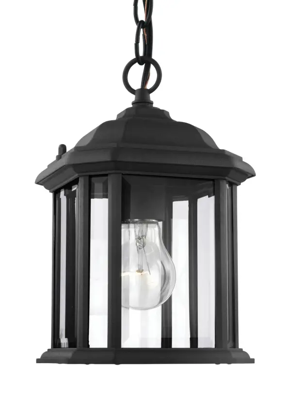 Collection: Kent Designer: Sea Gull Rooms: Outdoor Finish: Black Glass: Clear Beveled Width: 6.50" Height: 10.50" Length: 6.50" Weight: 3.76 lb Chain: 48" Wire: 120" Black Canopy: D:5 3/16'' H:0.875'' Round Number of Bulbs: 1 Maximum Wattage: 100.00 W Bulb Type: A19 Bulb Base: Medium Voltage: 120.00 V Material: Die Cast Aluminum Country of Origin: Vietnam Safety Listing: UL Safety Rating: Damp Connection: Hardwired Title 24 Spec Sheet Instructions Parts Diagram