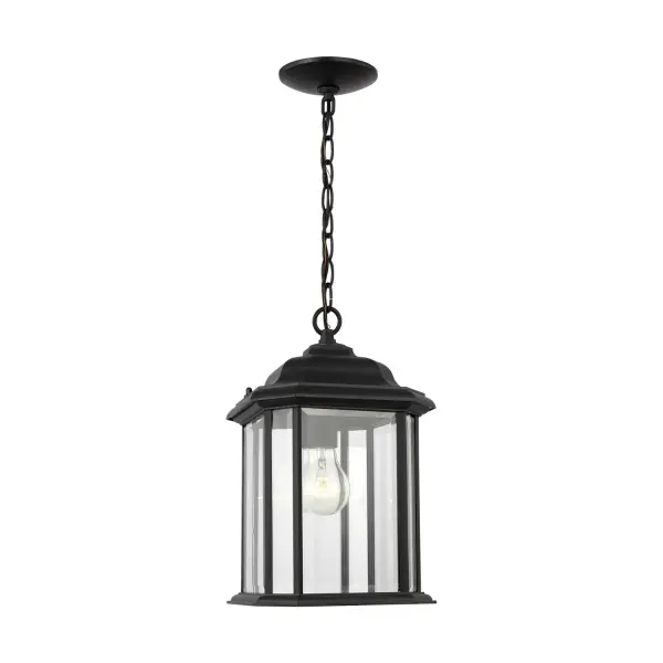 Collection: Kent Designer: Sea Gull Rooms: Outdoor Finish: Black Glass: Clear Beveled Width: 8.38" Height: 15.25" Length: 8.38" Weight: 5.04 lb Chain: 36" Wire: 72" Black Canopy: D:5'' H:0.875'' Round Number of Bulbs: 1 Maximum Wattage: 100.00 W Bulb Type: A19 Bulb Base: Medium Voltage: 120.00 V Material: Die Cast Aluminum Country of Origin: Vietnam Safety Listing: cETL Safety Rating: Damp Title 24 Spec Sheet Instructions Parts Diagram