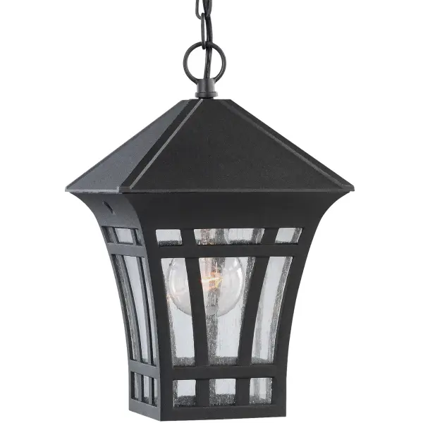 Collection: Herrington Designer: Sea Gull Rooms: Outdoor Finish: Black Glass: Clear Seeded Width: 7.25" Height: 11.25" Length: 7.25" Weight: 4.00 lb Chain: 72" Wire: 120" Black Canopy: D:5'' H:1 3/16'' Round Number of Bulbs: 1 Maximum Wattage: 100.00 W Bulb Type: A19 Bulb Base: Medium Voltage: 120.00 V Material: Aluminum Country of Origin: China Safety Listing: cETL Safety Rating: Damp Connection: Hardwired Title 24 Spec Sheet Instructions Parts Diagram