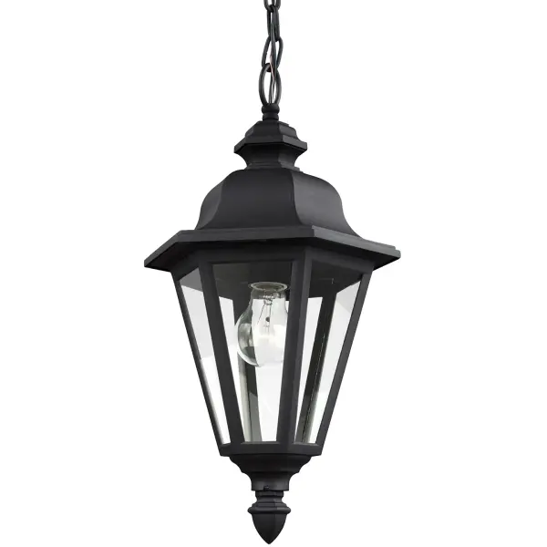Collection: Brentwood Designer: Sea Gull Rooms: Outdoor Finish: Black Glass: Clear Width: 10.25" Height: 18.75" Length: 13.50" Weight: 5.20 lb Chain: 36" Wire: 120" Black Canopy: D:5.375'' H:1 3/16'' Round Number of Bulbs: 1 Maximum Wattage: 100.00 W Bulb Type: A19 Bulb Base: Medium Voltage: 120.00 V Material: Die Cast Aluminum Country of Origin: Vietnam Safety Listing: UL Safety Rating: Damp Connection: Hardwired Title 24 Spec Sheet Instructions Parts Diagram