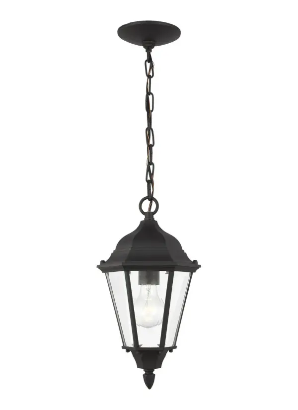 Collection: Bakersville Designer: Sea Gull Rooms: Outdoor Finish: Black Glass: Clear Beveled Width: 7.88" Height: 14.44" Weight: 2.93 lb Chain: 36" Wire: 72" Black Canopy: D:5'' H:0.875'' Round Number of Bulbs: 1 Maximum Wattage: 100.00 W Bulb Type: A19 Bulb Base: Medium Voltage: 120.00 V Material: Aluminum Country of Origin: Vietnam Safety Listing: cETL Safety Rating: Damp Title 24 Spec Sheet Instructions Parts Diagram