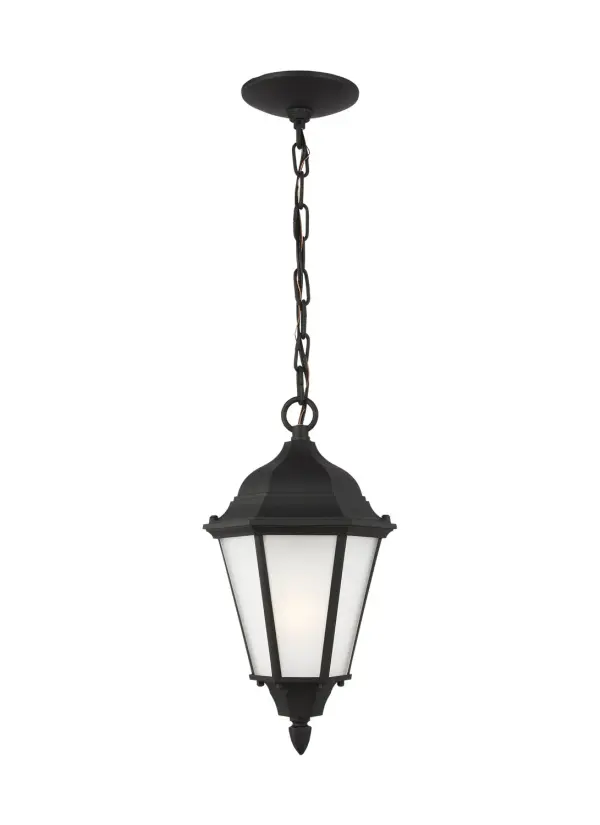 Collection: Bakersville Designer: Sea Gull Rooms: Outdoor Finish: Black Glass: Satin Etched Width: 7.88" Height: 14.44" Weight: 2.76 lb Chain: 36" Wire: 72" Black Canopy: D:5'' H:0.875'' Round Number of Bulbs: 1 Maximum Wattage: 100.00 W Bulb Type: A19 Bulb Base: Medium Voltage: 120.00 V Material: Aluminum Country of Origin: Vietnam Safety Listing: cETL Safety Rating: Damp Title 24 Spec Sheet Instructions Parts Diagram