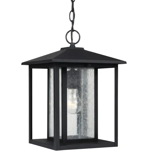 Collection: Hunnington Designer: Sea Gull Rooms: Outdoor Finish: Black Glass: Clear Seeded Width: 9.00" Height: 13.75" Length: 9.00" Weight: 6.30 lb Chain: 120" Wire: 144" Black Canopy: D:5.125'' H:0.75'' Round Number of Bulbs: 1 Maximum Wattage: 100.00 W Bulb Type: A19 Bulb Base: Medium Voltage: 120.00 V Material: Aluminum Country of Origin: Vietnam Safety Listing: cETL Safety Rating: Damp Connection: Hardwired Title 24 Spec Sheet Instructions Parts Diagram