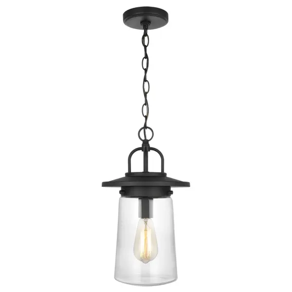 Collection: Tybee Rooms: Outdoor Finish: Black Glass: Clear Width: 8.50" Height: 15.88" Length: 8.50" Weight: 3.80 lb Chain: 36" Wire: 72" Black Canopy: D:5'' H:0.875'' Round Number of Bulbs: 1 Maximum Wattage: 75.00 W Bulb Type: A19 Bulb Base: Medium Voltage: 120.00 V Material: Aluminum Country of Origin: China Safety Listing: cETL Safety Rating: Damp Title 24 Spec Sheet Instructions