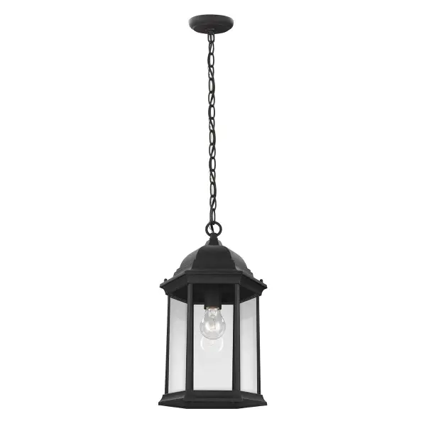 Collection: Sevier Designer: Sea Gull Rooms: Outdoor Finish: Black Glass: Clear Width: 9.38" Height: 16.63" Weight: 4.40 lb Chain: 36" Wire: 72" Black Canopy: D:4.75'' H:1'' Round Number of Bulbs: 1 Maximum Wattage: 100.00 W Bulb Type: A19 Bulb Base: Medium Voltage: 120.00 V Material: Die Cast Aluminum Country of Origin: Vietnam Safety Listing: cETL Safety Rating: Damp Connection: Hardwired Title 24 Manufacturer Warranty: 1 Year Warranty for standard fixtures Spec Sheet Instructions Parts Diagram