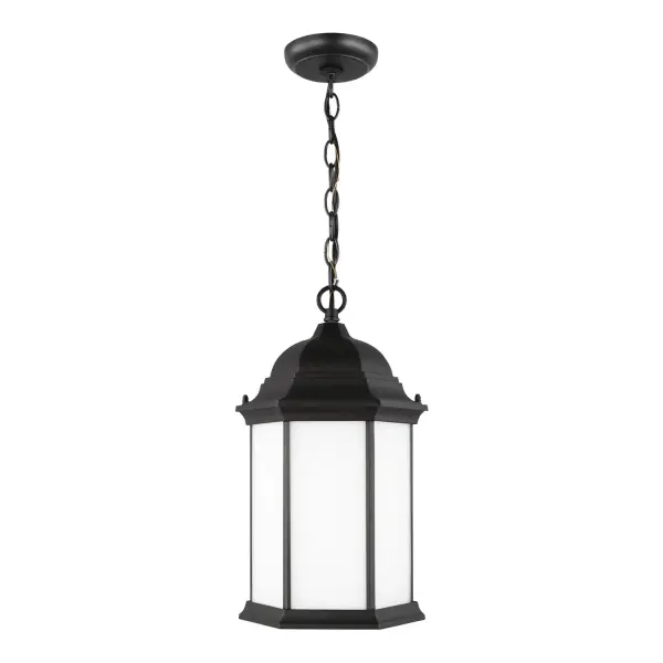 Collection: Sevier Designer: Sea Gull Rooms: Outdoor Finish: Black Glass: Satin Etched Width: 9.38" Height: 16.63" Weight: 4.40 lb Chain: 36" Wire: 72" Black Canopy: D:4.75'' H:1'' Round Number of Bulbs: 1 Maximum Wattage: 100.00 W Bulb Type: A19 Bulb Base: Medium Voltage: 120.00 V Material: Die Cast Aluminum Country of Origin: Vietnam Safety Listing: cETL Safety Rating: Damp Title 24 Spec Sheet Instructions Parts Diagram