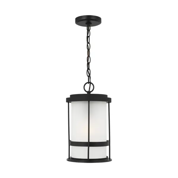 Collection: Wilburn Designer: Sea Gull Rooms: Outdoor Finish: Black Glass: Satin Etched Width: 8.00" Height: 14.00" Weight: 4.86 lb Chain: 36" Wire: 72" Black Canopy: D:5'' H:0.875'' Round Number of Bulbs: 1 Maximum Wattage: 60.00 W Bulb Type: A19 Bulb Base: Medium Voltage: 120.00 V Material: Aluminum Country of Origin: China Safety Listing: cETL Safety Rating: Damp Title 24 Spec Sheet Instructions Parts Diagram