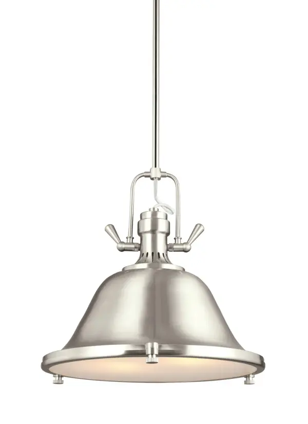 Collection: Stone Street Designer: Sea Gull Rooms: Dining Room, Entry Room/Hallway, Kitchen Finish: Brushed Nickel Glass: Satin Etched Notes: (3) 12`` Stems,(1) 6`` Stem Width: 17.25" Height: 15.50" Weight: 9.30 lb Chain: (3) 12`` Stems,(1) 6`` Stem Wire: 120" Clear Silver Rod: (3) 12",(1) 6" Canopy: D:6'' H:1'' Round Bulbs Included Number of Bulbs: 2 Maximum Wattage: 9.00 W Bulb Type: A19 Bulb Base: Medium Light Source: LED Light Output: 800.00 lm Color Temperature: 3000 K CRI: 90 Beam Spread: 230.00° Rated Average Life: 15000 Voltage: 120.00 V Material: Steel Country of Origin: China Safety Listing: cETL Safety Rating: Dry Connection: Hardwired Energy Star Title 24 LED Manufacturer Warranty: 1 Year Warranty for standard fixtures Spec Sheet Instructions Parts Diagram