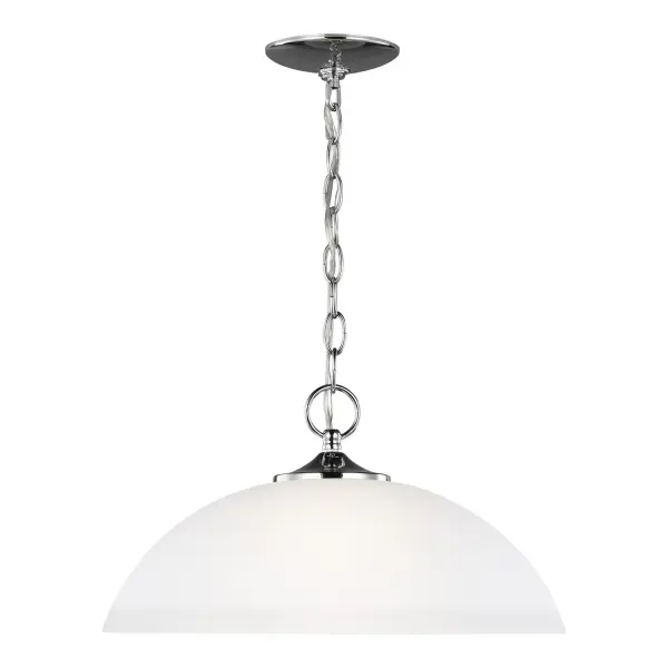 Collection: Geary Rooms: Dining Room, Entry Room/Hallway, Kitchen Finish: Chrome Glass: Satin Etched Width: 15.75" Height: 8.50" Length: 15.75" Weight: 5.50 lb Chain: 72" Wire: 120" Clear Silver Canopy: D:5'' H:0.875'' Round Number of Bulbs: 1 Maximum Wattage: 100.00 W Bulb Type: A19 Bulb Base: Medium Voltage: 120.00 V Material: Steel Country of Origin: Vietnam Safety Listing: cETL Safety Rating: Damp Title 24 Spec Sheet Instructions