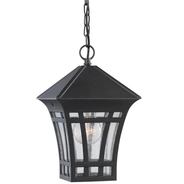 Collection: Herrington Designer: Sea Gull Rooms: Outdoor Finish: Black Glass: Etched / White Inside Width: 7.25" Height: 11.25" Length: 7.25" Weight: 4.00 lb Chain: 72" Wire: 120" Black Canopy: D:5'' H:1 3/16'' Round Number of Bulbs: 1 Maximum Wattage: 100.00 W Bulb Type: A19 Bulb Base: Medium Voltage: 120.00 V Material: Aluminum Country of Origin: China Safety Listing: ETL Safety Rating: Damp Connection: Hardwired Title 24 Manufacturer Warranty: 1 Year Warranty for standard fixtures Spec Sheet Instructions Parts Diagram