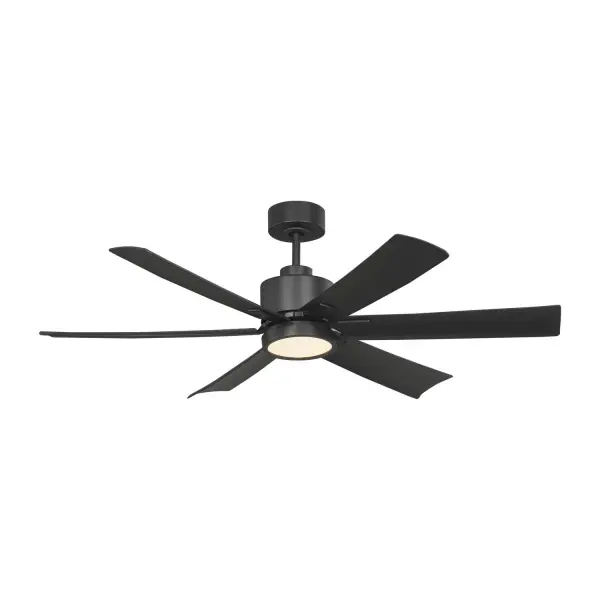 Collection: Flera Smart 52 LED Designer: Sean Lavin Rooms: Bedroom, Living Room, Great Room, Bathroom, Office, Library, Covered Patios/Porches, Garage Finish: Midnight Black Glass: Frosted Width: 52.00" Height: 15.10" Weight: 16.20 lb Wire: 78" Canopy: D:5.875'' H:3'' Round Bulbs Included Number of Bulbs: 1 Maximum Wattage: 20.00 W Bulb Type: Array Bulb Base: Integrated Light Source: LED Light Output: 1400.00 lm Color Temperature: 3000 K CRI: 90 Rated Average Life: 50000 Voltage: 120.00 V Airflow: 5308 CFM Airflow Efficiency: 162 CFM/W Blade Pitch: 12° Blade Finish: Midnight Black ABS/Midnight Black ABS Blade Quantity: 6 Light Kit: Included Control: Handheld Remote, 6-speed, Reverse and Dimmer Downrod: 6" Material: Steel Country of Origin: China Safety Listing: cUL Safety Rating: Damp Energy Star Title 24 LED Spec Sheet Instructions
