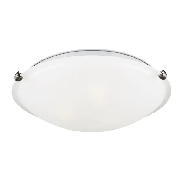 Collection: Clip Ceiling Flush Mount Designer: Sea Gull Rooms: Dining Room, Entry Room/Hallway, Kitchen Finish: Brushed Nickel Glass: Satin Etched Width: 16.25" Height: 4.00" Weight: 4.50 lb Wire: 6.5" Black/White Canopy: D:13.375`` H:0.75`` Round Number of Bulbs: 3 Maximum Wattage: 60.00 W Bulb Type: A19 Bulb Base: Medium Voltage: 120.00 V Material: Steel Country of Origin: Vietnam Safety Listing: cETL Safety Rating: Damp Connection: Hardwired Title 24 Spec Sheet Instructions Parts Diagram