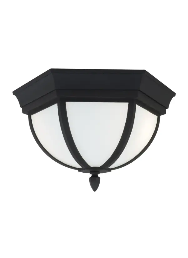 The Wynfield flush mount delivers traditional styling with practical outdoor performance. Its compact 12.75-inch profile and etched white glass provide soft, diffused light for covered exterior spaces.