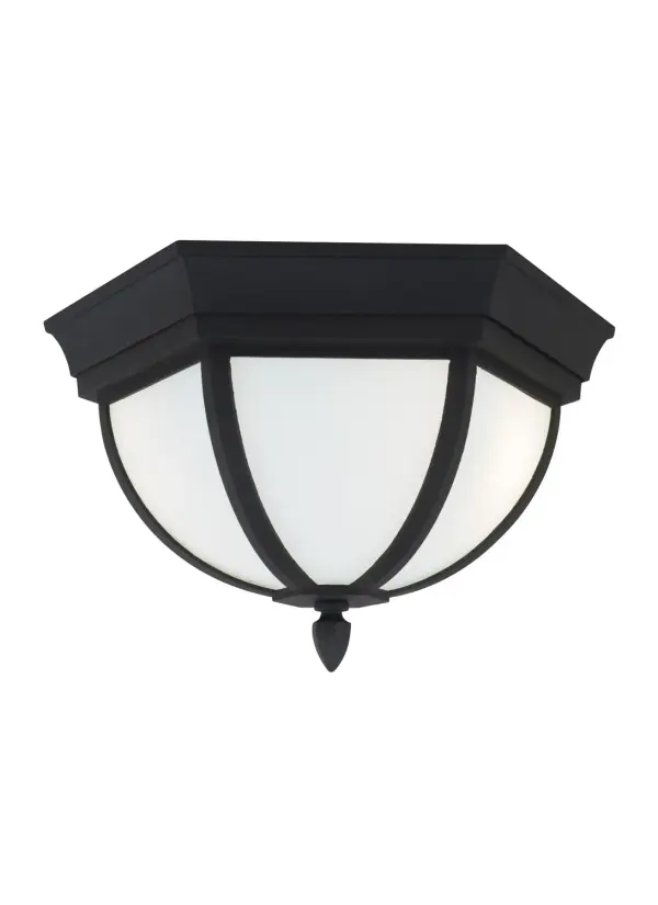 The Wynfield flush mount combines traditional styling with modern LED efficiency. Its compact hexagonal design and damp-rated construction make it ideal for covered outdoor spaces. The etched white glass provides soft, diffused light.