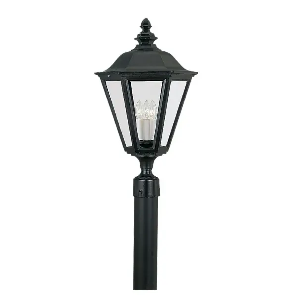 The Brentwood post lantern combines traditional styling with modern durability. Its die-cast aluminum construction and wet rating make it ideal for exposed outdoor locations, while clear glass panels showcase candelabra bulbs.