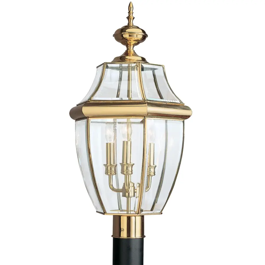 Lancaster Three Light Outdoor Post Lantern in Polished Brass