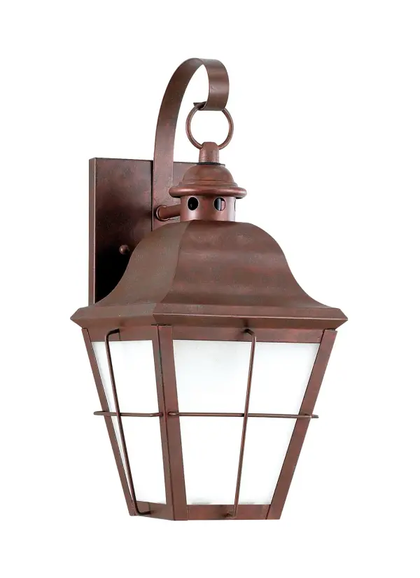 The Chatham wall lantern combines traditional lantern styling with weathered copper finish and clear seeded glass for timeless outdoor appeal. Wet-rated for durability and equipped with energy-efficient LED technology.