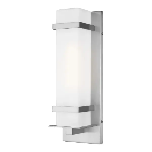 The Alban wall lantern delivers contemporary style in a compact 4.5" profile. Its satin aluminum finish and etched opal glass provide durability and soft illumination for outdoor spaces. Wet-rated and Energy Star certified.