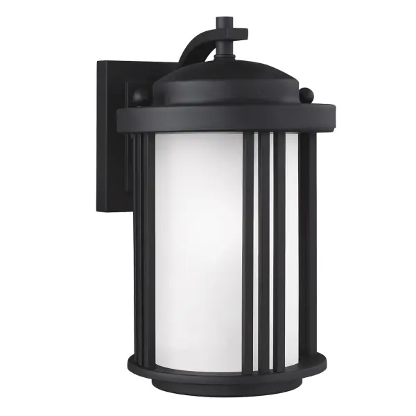 A sleek outdoor wall lantern combining modern LED efficiency with transitional styling. The black aluminum construction and satin etched glass deliver durability and soft illumination for entryways and patios.