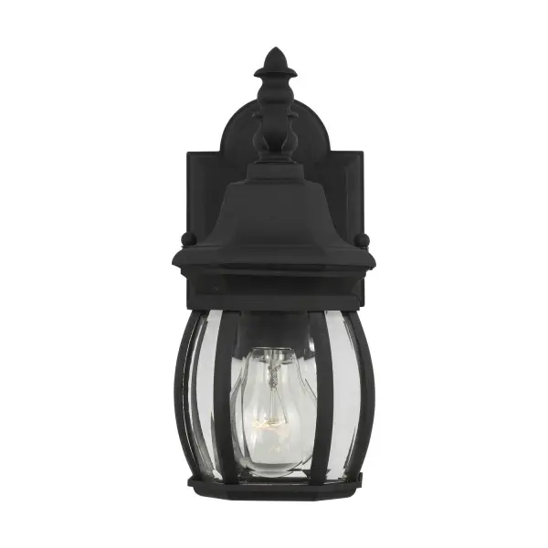 The Wynfield wall lantern delivers traditional styling in a compact 5-inch width, perfect for flanking doorways or illuminating outdoor spaces. Clear beveled glass and durable die-cast aluminum construction ensure lasting performance.