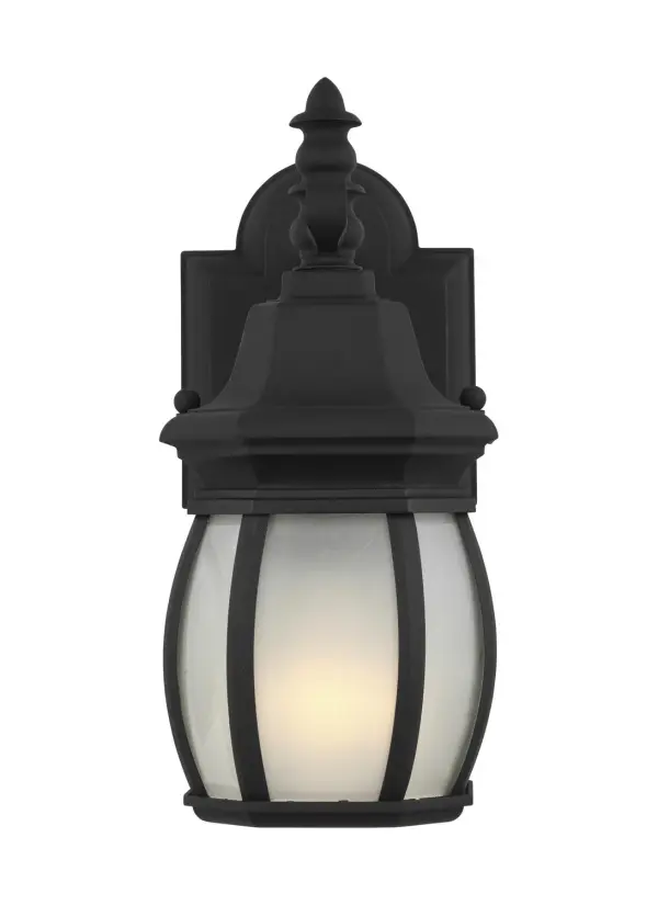 The Wynfield wall lantern combines classic styling with modern LED technology in a compact 5-inch profile. Its wet-rated die-cast aluminum construction and frosted glass shade deliver reliable outdoor illumination.