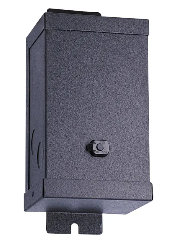 A robust hardwired transformer designed for outdoor landscape lighting installations. The 250-watt capacity handles multiple low-voltage fixtures, while the durable steel and plastic construction ensures reliable performance in protected outdoor locations.