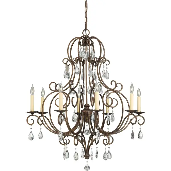 Collection: Chateau Designer: Feiss Rooms: Dining Room, Entry Room/Hallway, Living Room Finish: Mocha Bronze Width: 32.00" Height: 37.50" Weight: 16.30 lb Chain: 60" Wire: 180" Brown Canopy: D:5'' H:1'' Round Number of Bulbs: 8 Maximum Wattage: 60.00 W Bulb Type: Torpedo Bulb Base: Candelabra Voltage: 120.00 V Material: Steel Country of Origin: China Safety Listing: UL Safety Rating: Dry Connection: Hardwired Title 24 Spec Sheet Instructions Parts Diagram