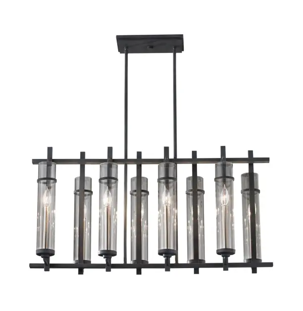 Ethan 8-Light Linear Chandelier in Antique Forged Iron & Brushed Steel