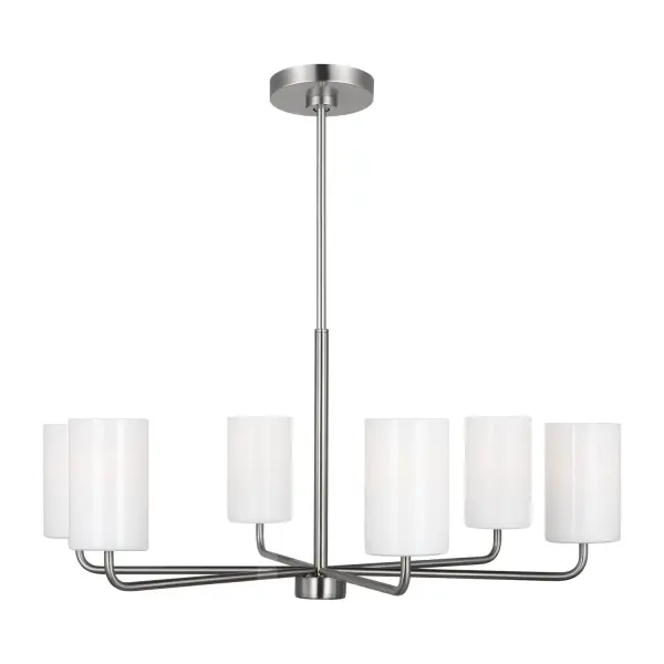 Collection: Rhett Rooms: Dining Room, Entry Room/Hallway, Living Room Finish: Brushed Steel Glass: Clear outside / painted white inside Width: 32.00" Height: 14.13" Weight: 7.60 lb Wire: 72" Clear Silver Rod: (3) 12",(1) 6" Canopy: D:5.5'' H:0.875'' Round Number of Bulbs: 6 Maximum Wattage: 60.00 W Bulb Type: A19 Bulb Base: Medium Voltage: 120.00 V Material: Steel Country of Origin: Vietnam Safety Listing: cETL Safety Rating: Damp Title 24 Spec Sheet