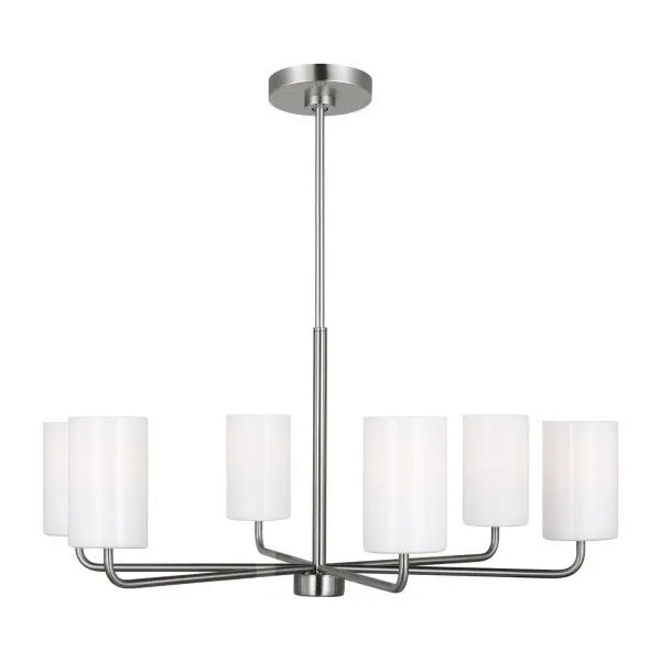 Collection: Rhett Rooms: Dining Room, Entry Room/Hallway, Living Room Finish: Brushed Steel Glass: Clear outside / painted white inside Width: 32.00" Height: 14.13" Weight: 7.60 lb Wire: 72" Clear Silver Rod: (3) 12",(1) 6" Canopy: D:5.5'' H:0.875'' Round Bulbs Included Number of Bulbs: 6 Maximum Wattage: 9.00 W Bulb Type: A19 Bulb Base: E26 Medium Light Output: 800.00 lm Color Temperature: 3000 K CRI: 90 Voltage: 120.00 V Material: Steel Country of Origin: Vietnam Safety Listing: cETL Safety Rating: Damp Title 24 Spec Sheet