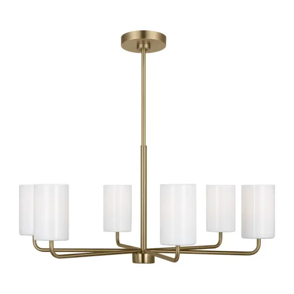 Collection: Rhett Rooms: Dining Room, Entry Room/Hallway, Living Room Finish: Satin Brass Glass: Clear outside / painted white inside Width: 32.00" Height: 14.13" Weight: 7.60 lb Wire: 72" Clear Silver Rod: (3) 12",(1) 6" Canopy: D:5.5'' H:0.875'' Round Number of Bulbs: 6 Maximum Wattage: 60.00 W Bulb Type: A19 Bulb Base: Medium Voltage: 120.00 V Material: Steel Country of Origin: Vietnam Safety Listing: cETL Safety Rating: Damp Title 24 Spec Sheet