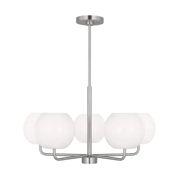 Collection: Rory Rooms: Dining Room, Entry Room/Hallway, Living Room Finish: Brushed Steel Glass: Opal Width: 26.88" Height: 14.13" Weight: 8.10 lb Wire: 72" Clear Silver Rod: (3) 12",(1) 6" Canopy: D:5.5'' H:0.875'' Round Number of Bulbs: 5 Maximum Wattage: 60.00 W Bulb Type: A19 Bulb Base: Medium Voltage: 120.00 V Material: Steel Country of Origin: Vietnam Safety Listing: cETL Safety Rating: Damp Title 24 Spec Sheet
