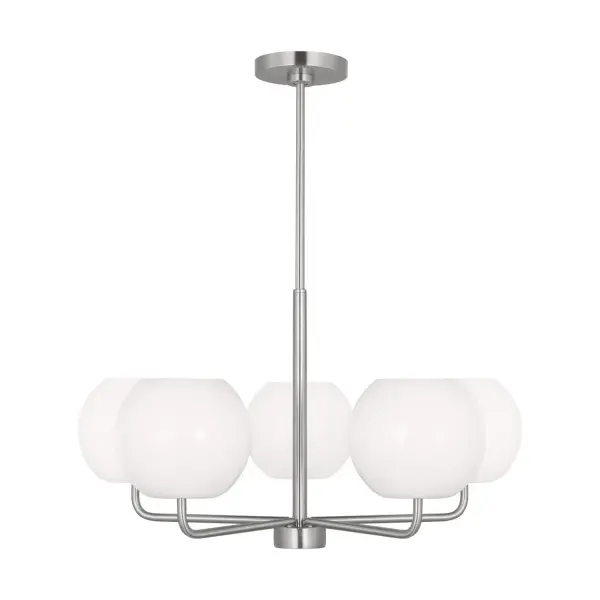 Collection: Rory Rooms: Dining Room, Entry Room/Hallway, Living Room Finish: Brushed Steel Glass: Opal Width: 21.00" Height: 14.13" Weight: 8.10 lb Wire: 72" Clear Silver Rod: (3) 12",(1) 6" Canopy: D:5.5'' H:0.875'' Round Bulbs Included Number of Bulbs: 5 Maximum Wattage: 9.00 W Bulb Type: A19 Bulb Base: E26 Medium Light Output: 800.00 lm Color Temperature: 3000 K CRI: 90 Voltage: 120.00 V Material: Steel Country of Origin: Vietnam Safety Listing: cETL Safety Rating: Damp Title 24 Spec Sheet