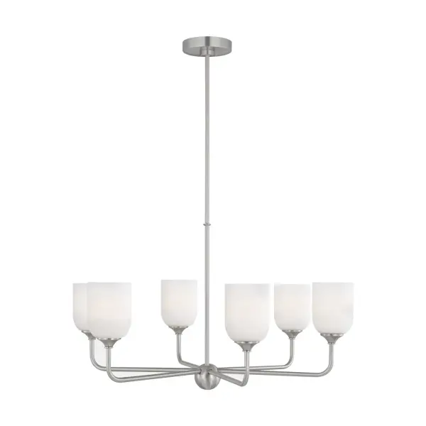 Collection: Emile Rooms: Dining Room, Entry Room/Hallway, Living Room Finish: Brushed Steel Glass: Etched / White Inside Width: 30.00" Height: 17.25" Weight: 9.20 lb Wire: 72" Clear Silver Rod: (3) 12",(1) 6" Canopy: D:5.5'' H:1'' Round Number of Bulbs: 6 Maximum Wattage: 60.00 W Bulb Type: A19 Bulb Base: Medium Voltage: 120.00 V Material: Steel Country of Origin: China Safety Listing: cETL Safety Rating: Damp Title 24 Spec Sheet Instructions