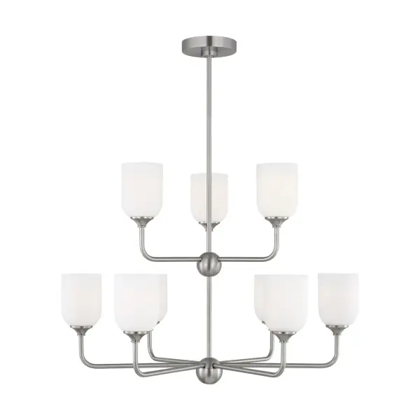 Collection: Emile Rooms: Dining Room, Entry Room/Hallway, Living Room Finish: Brushed Steel Glass: Etched / White Inside Width: 30.00" Height: 28.13" Weight: 13.90 lb Wire: 72" Clear Silver Rod: (3) 12",(1) 6" Canopy: D:5.5'' H:1'' Round Number of Bulbs: 9 Maximum Wattage: 60.00 W Bulb Type: A19 Bulb Base: Medium Voltage: 120.00 V Material: Steel Country of Origin: China Safety Listing: cETL Safety Rating: Damp Title 24 Spec Sheet Instructions