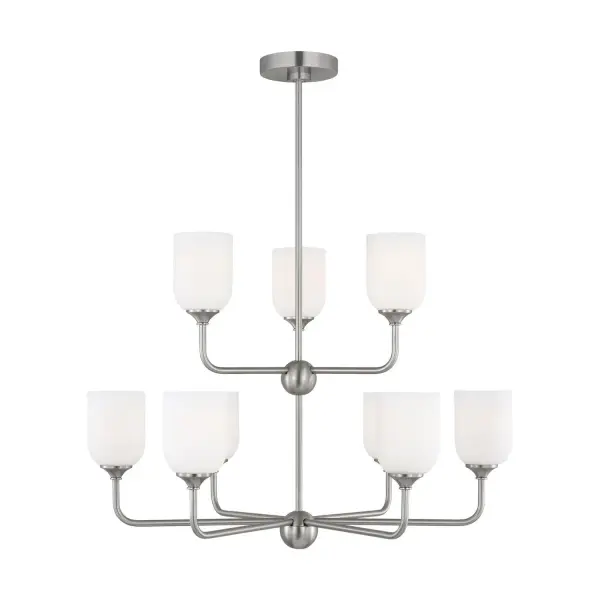 Collection: Emile Rooms: Dining Room, Entry Room/Hallway, Living Room Finish: Brushed Steel Glass: Etched / White Inside Width: 30.00" Height: 28.13" Weight: 13.90 lb Wire: 72" Clear Silver Rod: (3) 12",(1) 6" Canopy: D:5.5'' H:1'' Round Bulbs Included Number of Bulbs: 9 Maximum Wattage: 9.00 W Bulb Type: A19 Bulb Base: Medium Light Output: 800.00 lm Color Temperature: 3000 K CRI: 90 Voltage: 120.00 V Material: Steel Country of Origin: China Safety Listing: cETL Safety Rating: Damp Title 24 Spec Sheet Instructions