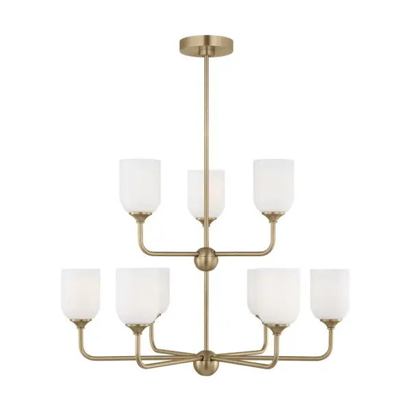Collection: Emile Rooms: Dining Room, Entry Room/Hallway, Living Room Finish: Satin Brass Glass: Etched / White Inside Width: 30.00" Height: 28.13" Weight: 13.90 lb Wire: 72" Clear Silver Rod: (3) 12",(1) 6" Canopy: D:5.5'' H:1'' Round Number of Bulbs: 9 Maximum Wattage: 60.00 W Bulb Type: A19 Bulb Base: Medium Voltage: 120.00 V Material: Steel Country of Origin: China Safety Listing: cETL Safety Rating: Damp Title 24 Spec Sheet Instructions