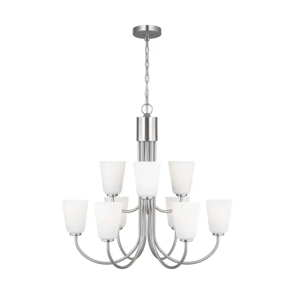 Collection: Miles Rooms: Dining Room,Entry Room/Hallway,Living Room Finish: Brushed Nickel Glass: Etched white Width: 29.00" Height: 27.25" Length: 29.00" Weight: 20.02 lb Chain: 72" Wire: 120" Clear Silver Canopy: D:5'', H:0.75'',Round Number of Bulbs: 9 Maximum Wattage: 100.00 W Bulb Type: A19 Bulb Base: Medium Voltage: 120.00 V Material: Steel Country of Origin: Vietnam Safety Listing: cETL Safety Rating: Damp Title 24 Spec Sheet Instructions