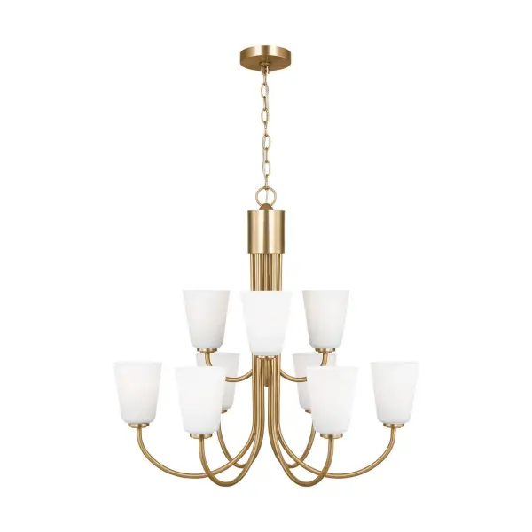 Collection: Miles Rooms: Dining Room,Entry Room/Hallway,Living Room Finish: Satin Brass Glass: Etched white Width: 29.00" Height: 27.25" Length: 29.00" Weight: 20.02 lb Chain: 72" Wire: 120" Clear Silver Canopy: D:5'', H:0.75'',Round Number of Bulbs: 9 Maximum Wattage: 100.00 W Bulb Type: A19 Bulb Base: Medium Voltage: 120.00 V Material: Steel Country of Origin: Vietnam Safety Listing: cETL Safety Rating: Damp Title 24 Spec Sheet Instructions