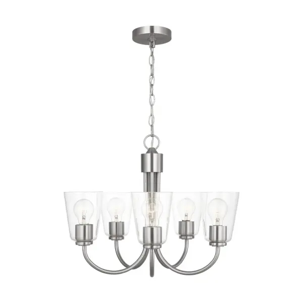 Collection: Miles Rooms: Dining Room,Entry Room/Hallway,Living Room Finish: Brushed Nickel Glass: Clear Width: 21.00" Height: 17.38" Length: 21.00" Weight: 9.90 lb Chain: 72" Wire: 120" Clear Silver Canopy: D:5'', H:0.75'',Round Number of Bulbs: 5 Maximum Wattage: 100.00 W Bulb Type: A19 Bulb Base: Medium Voltage: 120.00 V Material: Steel Country of Origin: Vietnam Safety Listing: cETL Safety Rating: Damp Title 24 Spec Sheet Instructions