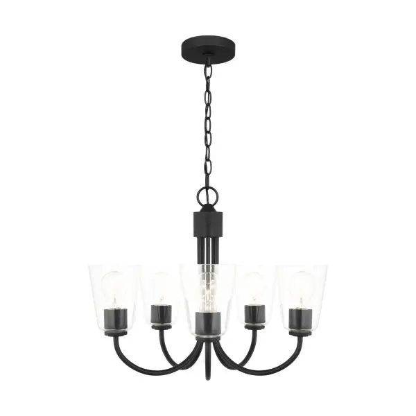 Collection: Miles Rooms: Dining Room,Entry Room/Hallway,Living Room Finish: Midnight Black Glass: Clear Width: 21.00" Height: 17.38" Length: 21.00" Weight: 9.90 lb Chain: 72" Wire: 120" Black Canopy: D:5'', H:0.75'',Round Number of Bulbs: 5 Maximum Wattage: 100.00 W Bulb Type: A19 Bulb Base: Medium Voltage: 120.00 V Material: Steel Country of Origin: Vietnam Safety Listing: cETL Safety Rating: Damp Title 24 Spec Sheet Instructions