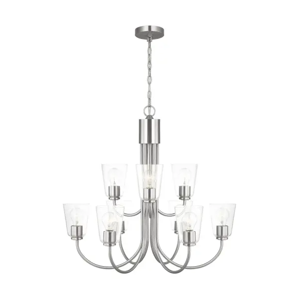 Collection: Miles Rooms: Dining Room,Entry Room/Hallway,Living Room Finish: Brushed Nickel Glass: Clear Width: 29.00" Height: 27.25" Length: 29.00" Weight: 17.60 lb Chain: 72" Wire: 120" Clear Silver Canopy: D:5'', H:0.75'',Round Number of Bulbs: 9 Maximum Wattage: 100.00 W Bulb Type: A19 Bulb Base: Medium Voltage: 120.00 V Material: Steel Country of Origin: Vietnam Safety Listing: cETL Safety Rating: Damp Title 24 Spec Sheet Instructions
