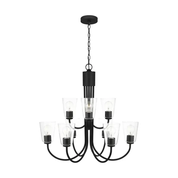 Collection: Miles Rooms: Dining Room,Entry Room/Hallway,Living Room Finish: Midnight Black Glass: Clear Width: 29.00" Height: 27.25" Length: 29.00" Weight: 17.60 lb Chain: 72" Wire: 120" Black Canopy: D:5'', H:0.75'',Round Number of Bulbs: 9 Maximum Wattage: 100.00 W Bulb Type: A19 Bulb Base: Medium Voltage: 120.00 V Material: Steel Country of Origin: Vietnam Safety Listing: cETL Safety Rating: Damp Title 24 Spec Sheet Instructions