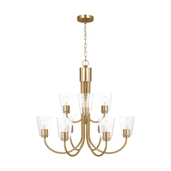 Collection: Miles Rooms: Dining Room,Entry Room/Hallway,Living Room Finish: Satin Brass Glass: Clear Width: 29.00" Height: 27.25" Length: 29.00" Weight: 17.60 lb Chain: 72" Wire: 120" Clear Silver Canopy: D:5'', H:0.75'',Round Number of Bulbs: 9 Maximum Wattage: 100.00 W Bulb Type: A19 Bulb Base: Medium Voltage: 120.00 V Material: Steel Country of Origin: Vietnam Safety Listing: cETL Safety Rating: Damp Title 24 Spec Sheet Instructions