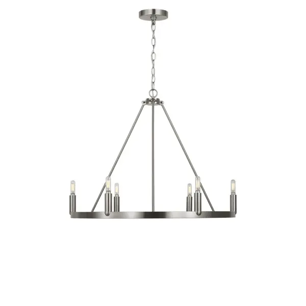 Collection: Mirla Rooms: Dining Room, Entry Room/Hallway, Kitchen Finish: Brushed Nickel Width: 28.00" Height: 21.75" Length: 28.00" Weight: 7.00 lb Canopy: D:5" H:0.75" Round Bulbs Included Number of Bulbs: 6 Bulb Type: B11 Bulb Base: E12 Color Temperature: 3000 K CRI: 90 Voltage: 120.00 V Material: Steel Country of Origin: Vietnam Safety Listing: ETL Safety Rating: DAMP