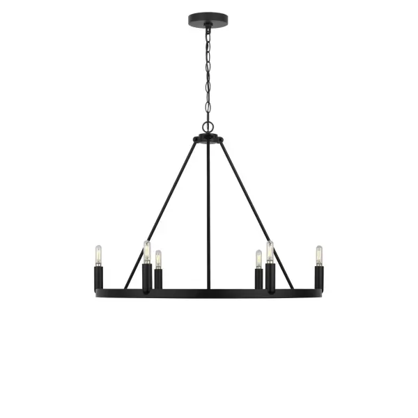 Collection: Mirla Rooms: Dining Room, Entry Room/Hallway, Kitchen Finish: Midnight Black Width: 28.00" Height: 21.75" Length: 28.00" Weight: 7.00 lb Canopy: D:5" H:0.75" Round Bulbs Included Number of Bulbs: 6 Bulb Type: B11 Bulb Base: E12 Color Temperature: 3000 K CRI: 90 Voltage: 120.00 V Material: Steel Country of Origin: Vietnam Safety Listing: ETL Safety Rating: DAMP