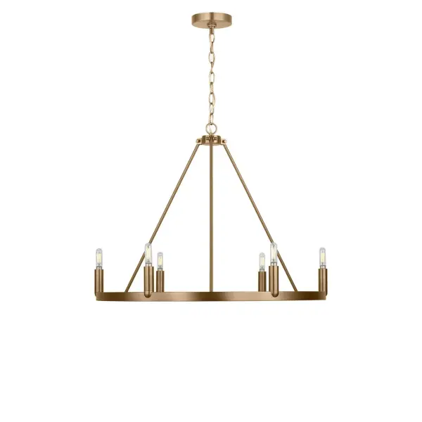 Collection: Mirla Rooms: Dining Room, Entry Room/Hallway, Kitchen Finish: Satin Brass Width: 28.00" Height: 21.75" Length: 28.00" Weight: 7.00 lb Canopy: D:5" H:0.75" Round Bulbs Included Number of Bulbs: 6 Bulb Type: B11 Bulb Base: E12 Color Temperature: 3000 K CRI: 90 Voltage: 120.00 V Material: Steel Country of Origin: Vietnam Safety Listing: ETL Safety Rating: DAMP