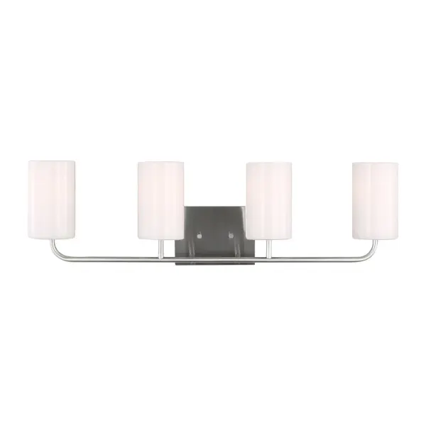 Collection: Rhett Rooms: Bathroom, Bedroom, Entry Room/Hallway Finish: Brushed Steel Glass: Clear outside / painted white inside Width: 31.00" Height: 8.88" Weight: 4.00 lb Extension from Wall: 6.50" Wire: 8" Black/White Canopy: DP:0.875'' W:7'' H:5'' OB UP:6.375'' OB DOWN:2.5'' Square Bulbs Included Number of Bulbs: 4 Maximum Wattage: 9.00 W Bulb Type: A19 Bulb Base: Medium Light Output: 800.00 lm Color Temperature: 3000 K CRI: 90 Voltage: 120.00 V Material: Steel Country of Origin: Vietnam Safety Listing: cETL Safety Rating: Damp Title 24 Spec Sheet Instructions
