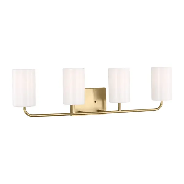 Collection: Rhett Rooms: Bathroom, Bedroom, Entry Room/Hallway Finish: Satin Brass Glass: Clear outside / painted white inside Width: 31.00" Height: 8.88" Weight: 4.00 lb Extension from Wall: 6.50" Wire: 8" Black/White Canopy: DP:0.875'' W:7'' H:5'' OB UP:6.375'' OB DOWN:2.5'' Rectangular Number of Bulbs: 4 Maximum Wattage: 60.00 W Bulb Type: A19 Bulb Base: Medium Voltage: 120.00 V Material: Steel Country of Origin: Vietnam Safety Listing: cETL Safety Rating: Damp Title 24 Spec Sheet Instructions